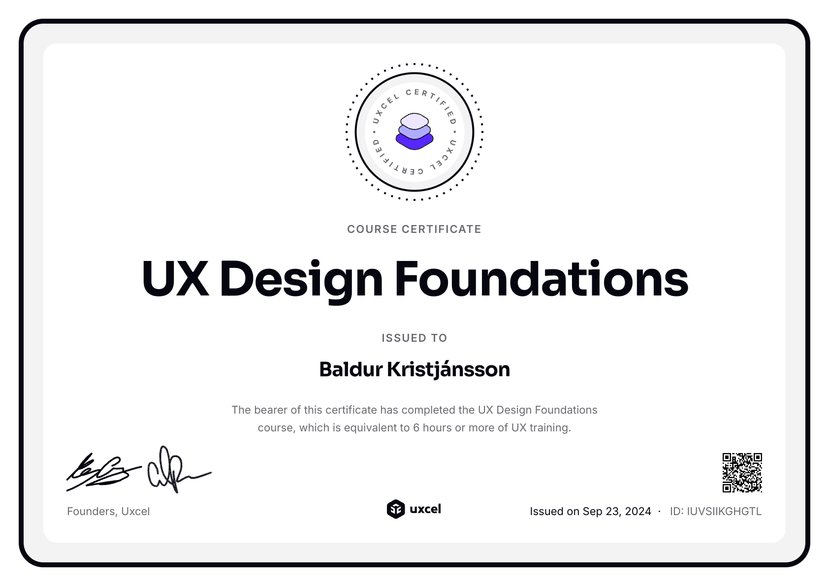 Baldur Kristjánsson's certificate